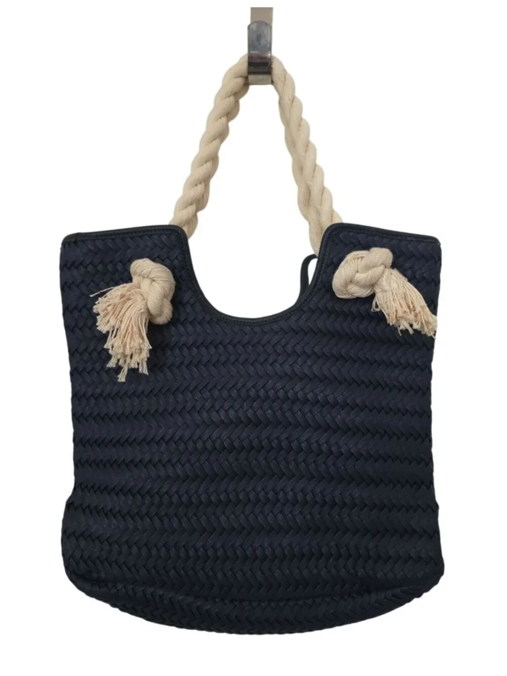 Talbots Woven Braid Nautical Rope Resort Beach Pool Navy Blue Tote Bag